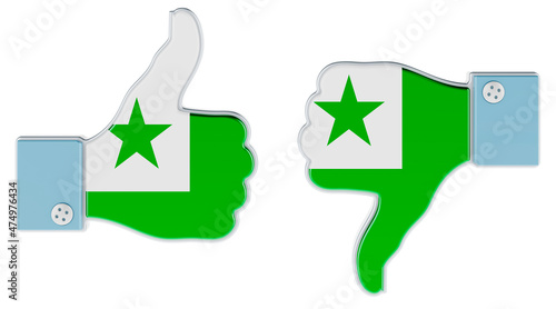 Esperanto flag painted on the hand with thumb up and thumb down. 3D rendering photo