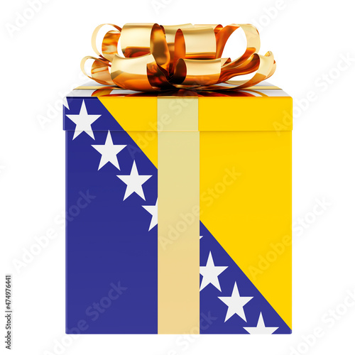 Gift box with Bosnian flag. Holiday in Bosnia and Herzegovina, concept. 3D rendering photo