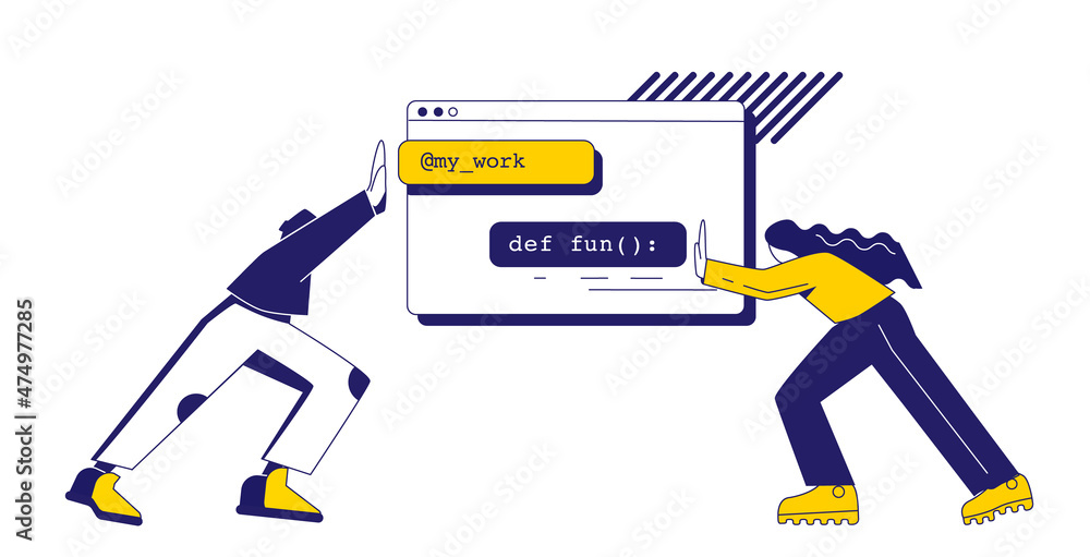 The concept of joint development - a man and a woman combine lines of code - elements of programm in the form of a browser. Stylized illustration isolated on white background The concept of joint development - a man and a woman combine lines of code - elements of programm in the form of a browser. Stylized illustration isolated on white background