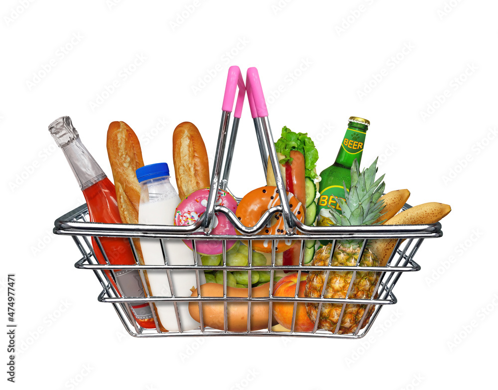 There is a metal shopping basket with food. White background. Isolated.