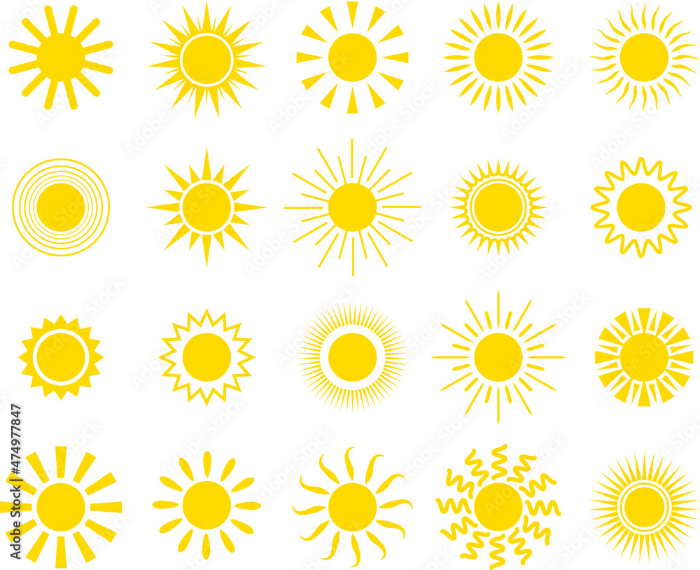 The sun. A set of suns of different shapes. Sun rays icons isolated on white background The sun. A set of suns of different shapes. Sun rays icons isolated on white background