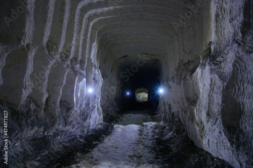 Chalky mine tunnel with traces of drilling machine  Belgorod  Russia