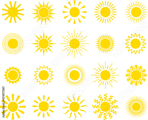 The sun. A set of suns of different shapes. Sun rays icons isolated on white background