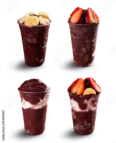 set of many Brazilian frozen açai berry ice cream bowls with diferent ingredients on a white summer background. top view and front view for menu
