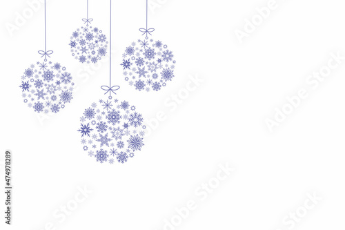 Christmas and New Year greeting card, purple baubles on white background, vector design