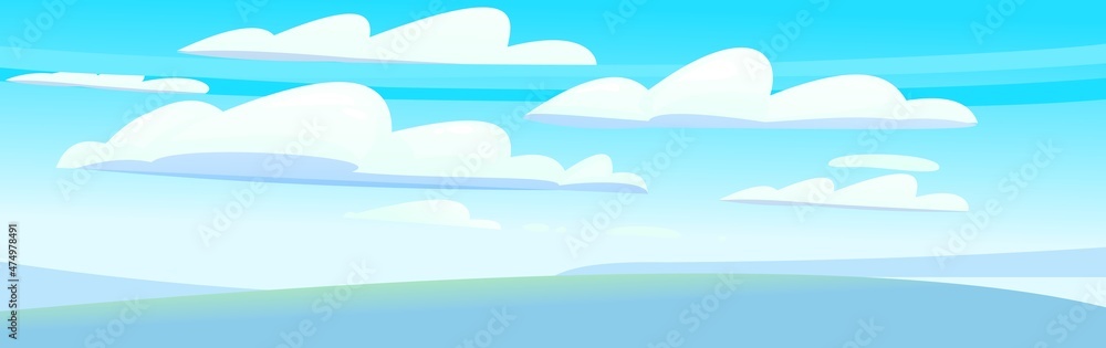 Sky clouds horizon. Illustration in cartoon style flat design. Heavenly atmosphere. Vector