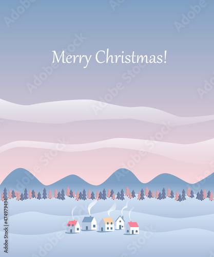 Winter landscape with hills, little houses and spruce trees vector illustration. Winter banner. Lovely houses in a snowy valley. Christmas postcard