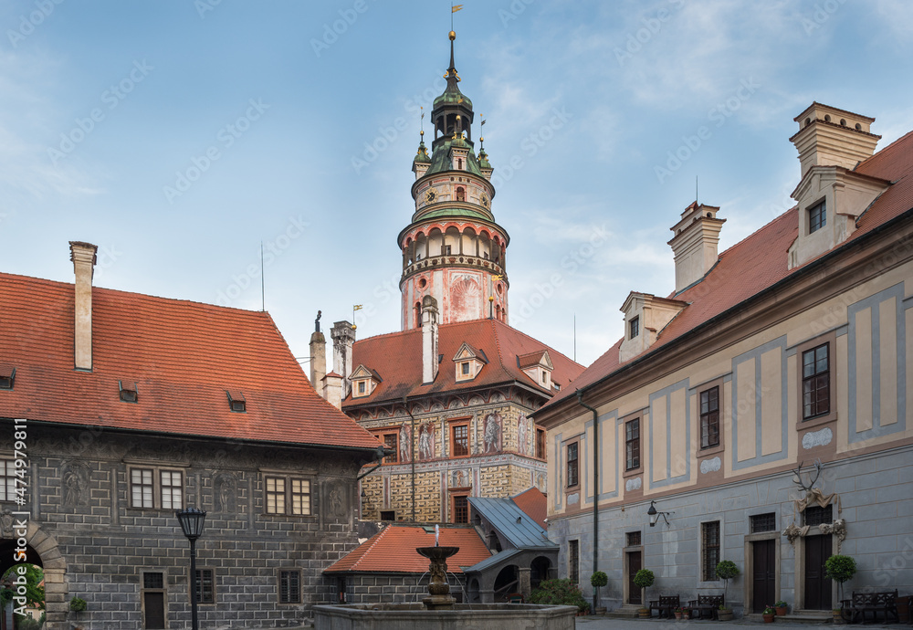 Fototapeta premium View of the beautiful tower of Cesky Krumlov Castle by the afternoon - Cesky Krumlov, Czech Republic