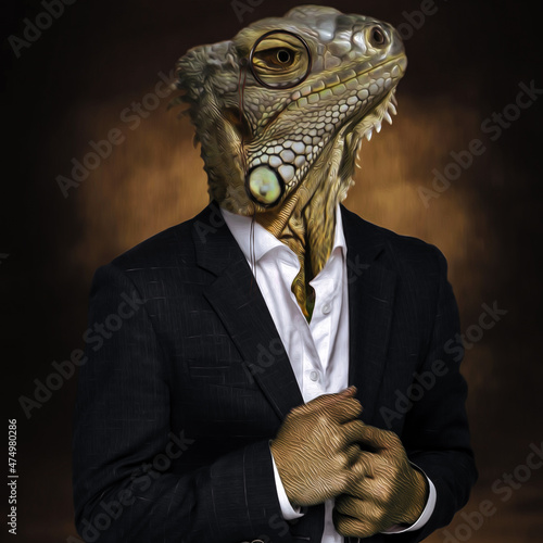 Slika na platnu Portrait of a reptilian man in pince-nez in business style.