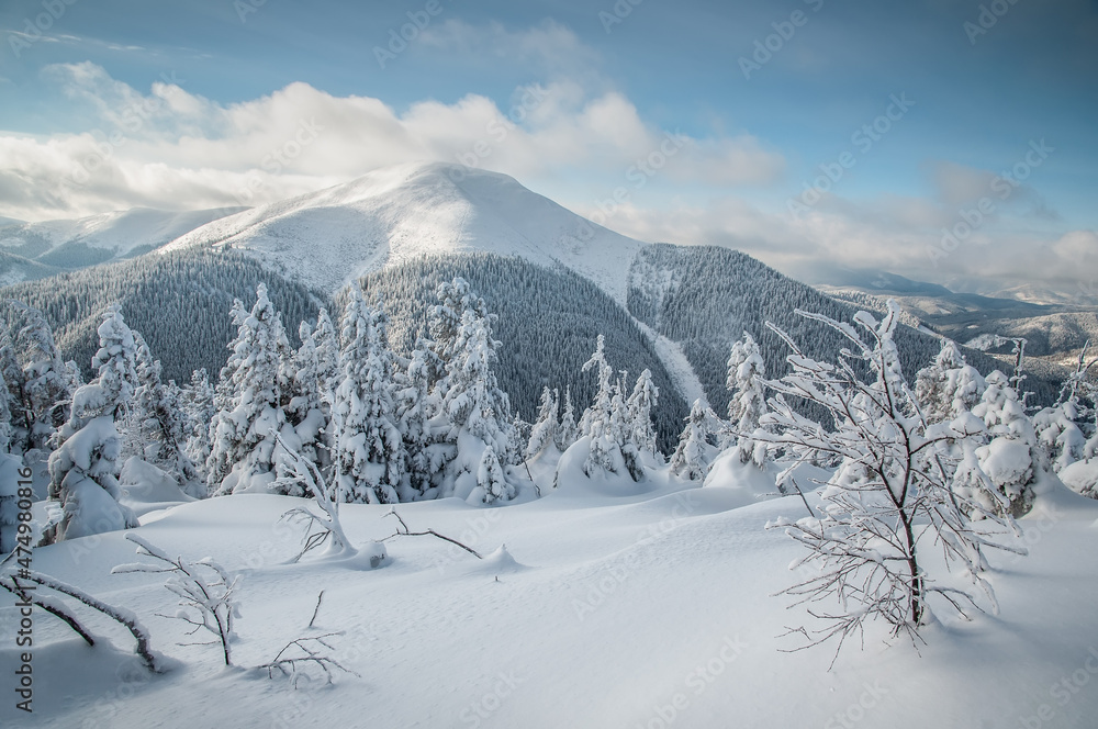 Beautiful view of the snow-capped mountains. Beautiful winter Carpathians. Natural landscape with beautiful sky. A popular place for hiking and traveling.