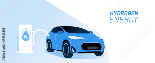 Hydrogen car and energy refill vector illustration concept. Big blue car on the gas station, connected to the hydrogen source. Template for website banner, advertising campaign or news article.