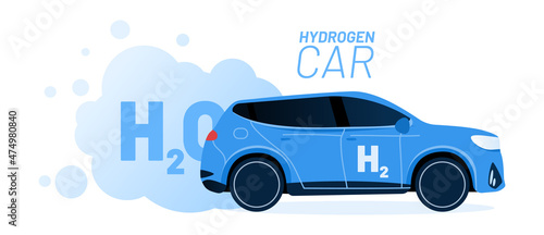 Hydrogen car and energy refill vector illustration concept. Big blue car with text H2 on the side with harmless water emission. Template for website banner, advertising campaign or news article.