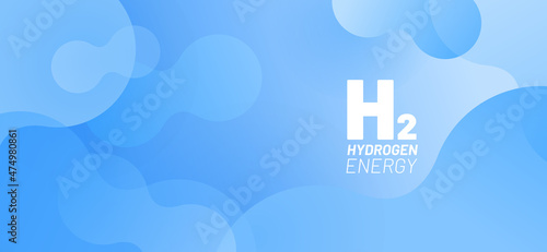 Abstract blue background for website banner in bright blue. Floating round elements and molecules with text H2 and Hydrogen energy. Template for website, mailing or print.