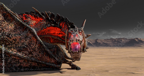 Fotografie, Obraz dragon is resting alone on desert with copy view