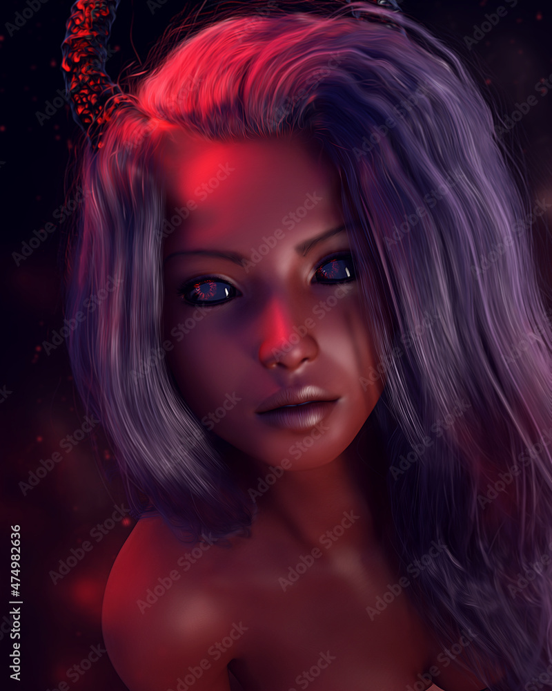 Naklejka premium Demon art design. Devil woman with horns. Multi-coloured lights. 3d illustration