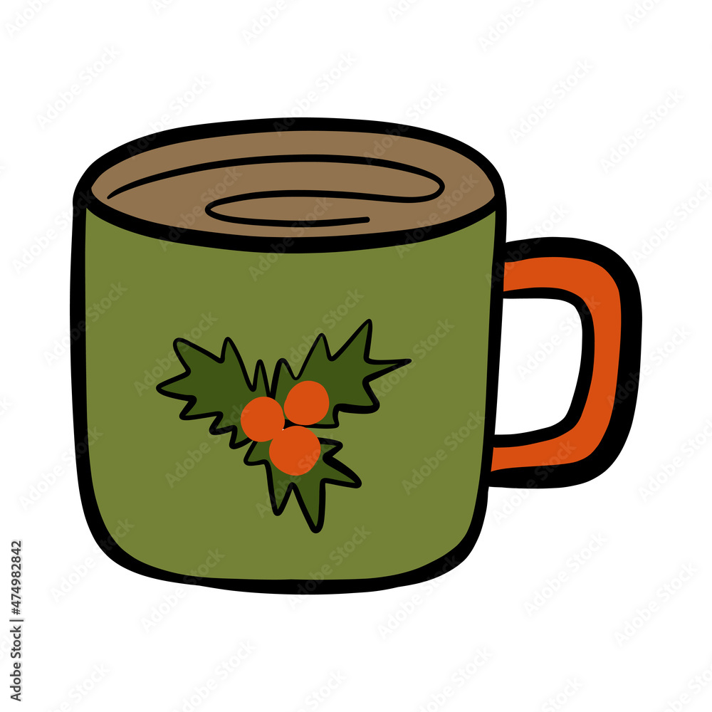Christmas cup with holly berries. Hand-drawn mug. Doodle vector illustration Christmas cup with holly berries. Hand-drawn mug. Doodle vector illustration