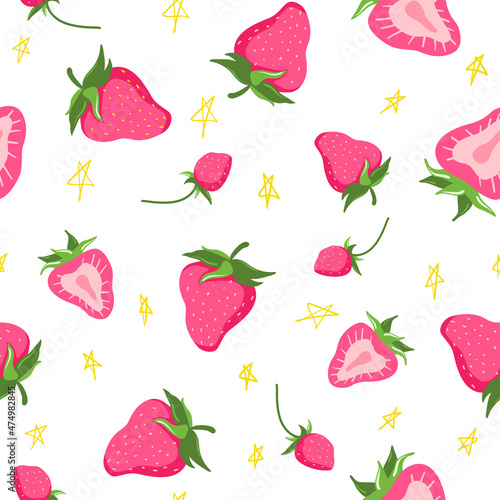 Strawberries seamless hand drawn vector pattern with white background. Colorful doodle wallpaper. Pink and green print