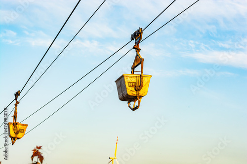 Cable cars Janikowo - Piechcin of mine in sunset near Pakosc in Poland photo