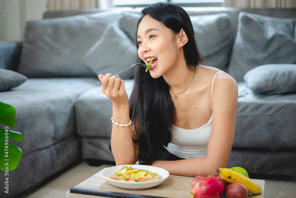 healthy clean food concept, Asian woman with fresh vegetable for diet lifestyle, happy vegetarian