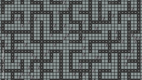 Big grey labirinth maze made of polished cubes with blue points and randomly placed deformed cubes. Colors safe to color blind users. Deuteronopia, Protanopia, Tritanopia. digital art. photo