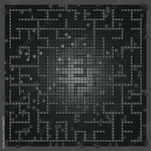 extra big dark-greylabirinth maze made of polished cubes with dark points and randomly placed deformed cubes. Colors safe to color blind users. Deuteronopia, Protanopia, Tritanopia. digital art. photo