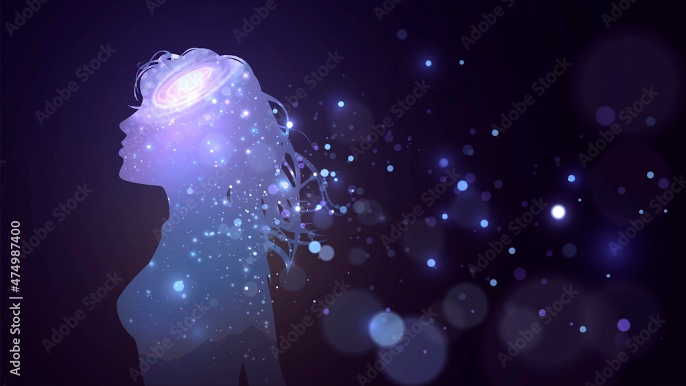 Silhouette of a girl with a space pattern and a galaxy on a dark background and blue dismembered sparks Silhouette of a girl with a space pattern and a galaxy on a dark background and blue dismembered sparks