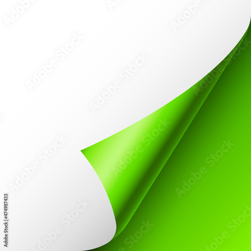 Green paper curl. Curled page corner with shadow. Blank sheet of paper. Colorful shiny foil. Design element for advertising and promotion. Vector illustration.