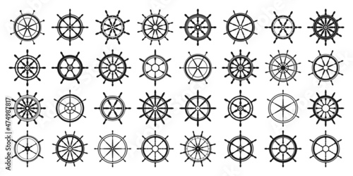Collection of vintage steering wheels. Ship, yacht retro wheel symbol. Nautical rudder icon. Marine design element. Vector illustration photo