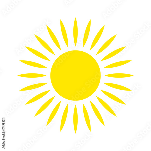 Sun with even rays, flat style. Sunny weather day. Silhouette of yellow bright sun isolated on white background. Vector illustration