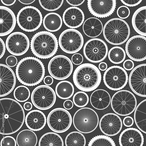 Seamless pattern with bicycle wheels. Bike rubber tyre silhouettes. Fitness cycle, road and mountain bike. Vector illustration.