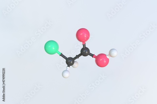 Chloroacetic acid molecule made with balls, isolated molecular model. 3D rendering