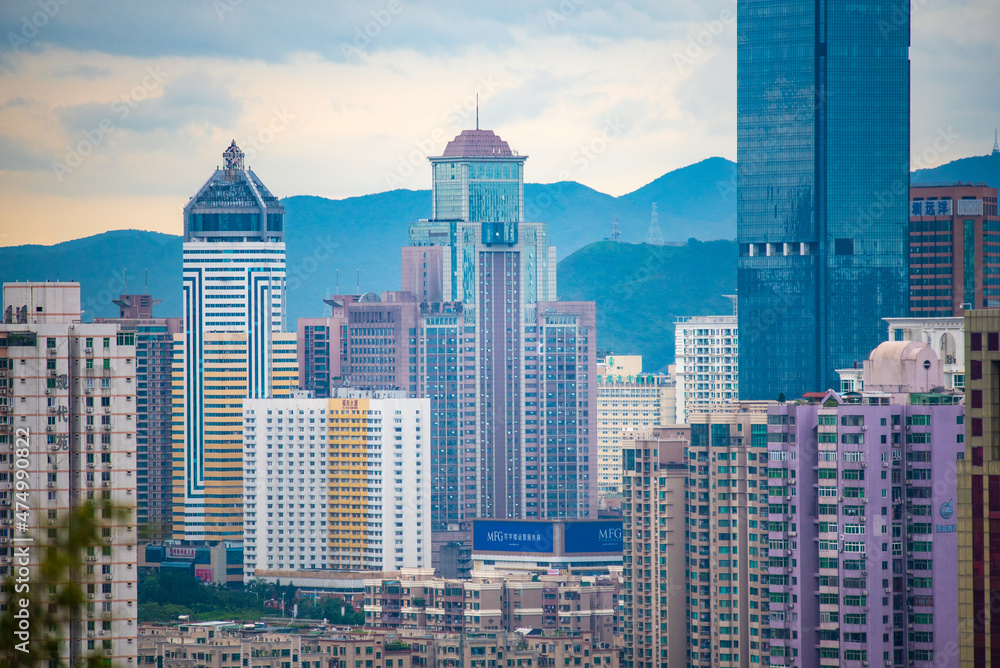Naklejka premium Hong Kong, China skyscraper building in modern city landscape, business urban center of Asia