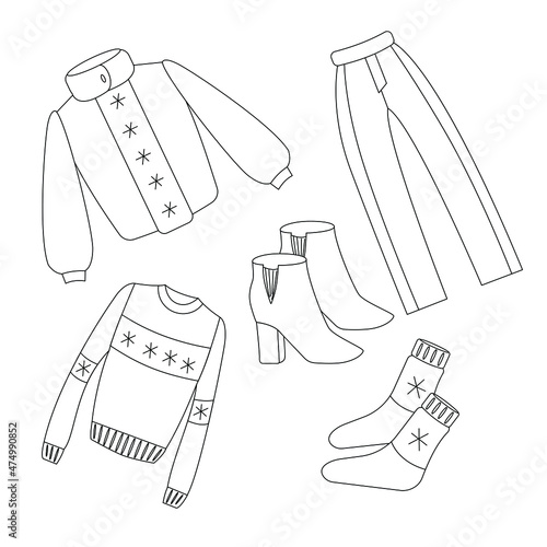 Outline drawing. A set of winter clothes: pants, sweater, socks, ankle boots and a short fur coat. A vector simple illustration suitable for children's books and coloring pages, clothing catalogs.