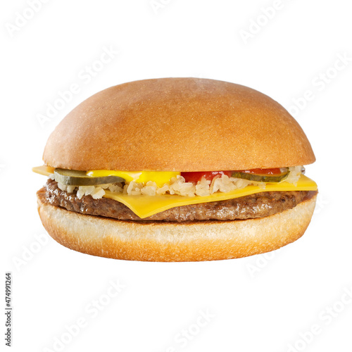 Classic cheeseburger with cheddar cheese, beef patty, pickles, onions, ketchup and mustard. Isolated on white background.