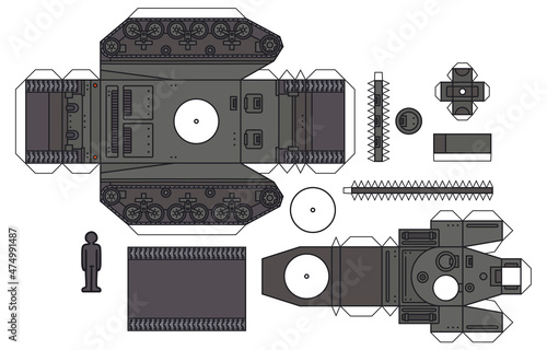The paper model of an old khaki green armored tank