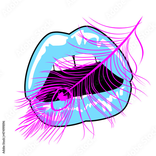 Set of sensual lips and pink feather on white background