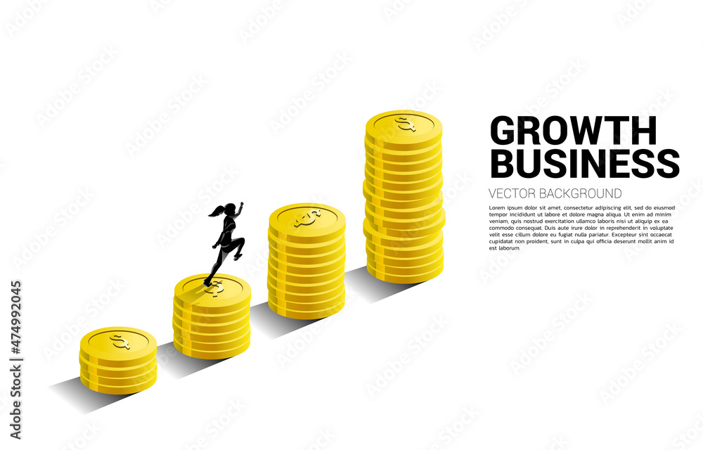 Silhouette of businesswoman running to top of stack of coin. Concept of success investment and growth in business Silhouette of businesswoman running to top of stack of coin. Concept of success investment and growth in business