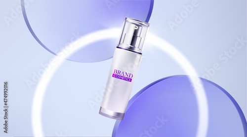 Product cosmetic with transparent circle disks.neon ring background .  Realistic Vector Iillustration.