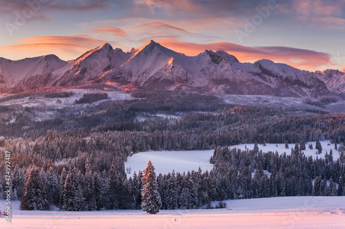 Fototapeta Naklejka Na Ścianę i Meble -  A beautiful winter morning with a view of the High Tatras. The snow created an amazing atmosphere in the photo.