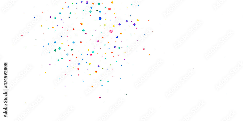 Watercolor confetti on white background. Alive rainbow colored dots. Happy celebration wide colorful bright card. Fabulous hand painted confetti.