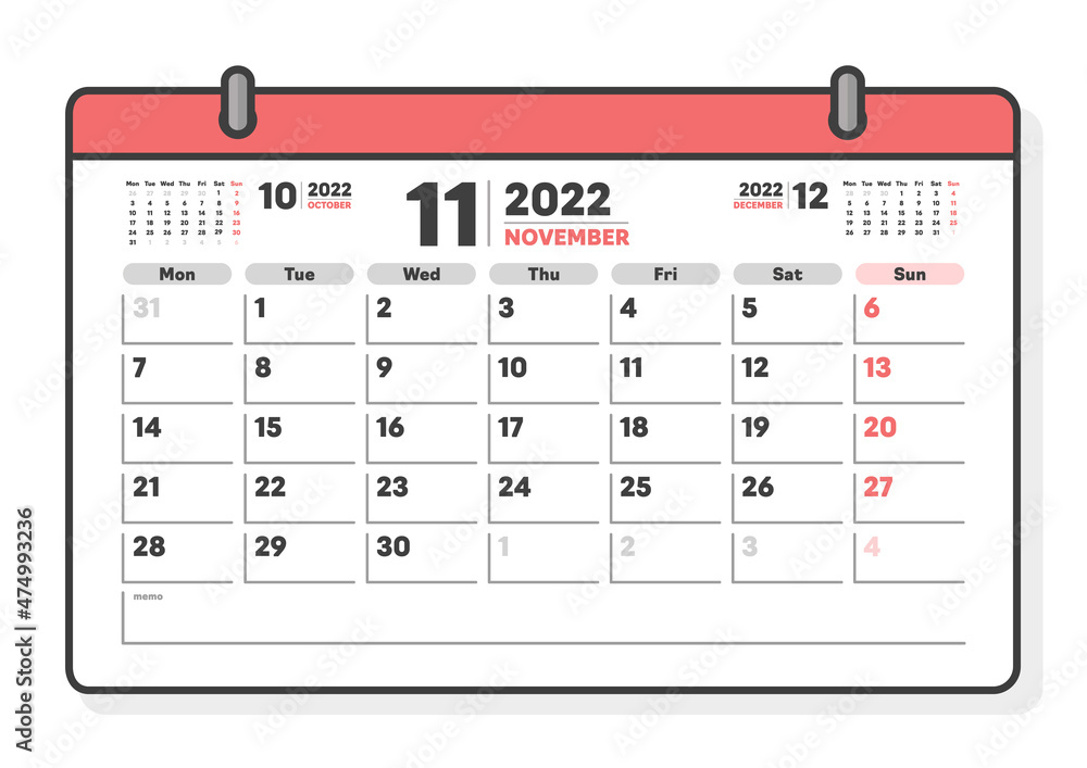 22年11月のカレンダー シンプルな月曜始まりの月めくりカレンダー マンスリー 3ヶ月 Stock Vector Adobe Stock