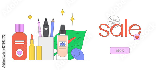 Banner template with click button with still life with beauty products. Makeup and self care concept. Online shopping. Korean cosmetics. Daily beauty routine. Season sale. Vector illustration.