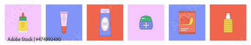 Set of vector illustrations with beauty products. Korean cosmetics. Can be used in magazine, banner, social media, highlights, typographic design. Skin care and online shopping concept.