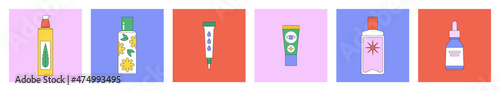 Set of vector illustrations with beauty products. Korean cosmetics. Can be used in magazine, banner, social media, highlights, typographic design. Skin care and online shopping concept.