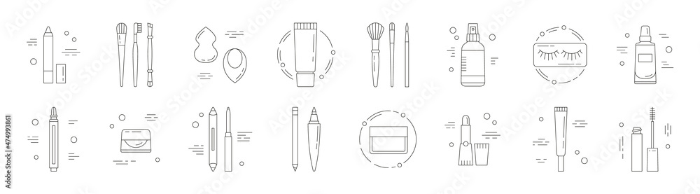 Big set of icons with beauty products. Makeup and Korean cosmetics. Can be used in web, typographic, package design, as highlights etc. Online shopping concept. Black and white. Vector illustration Big set of icons with beauty products. Makeup and Korean cosmetics. Can be used in web, typographic, package design, as highlights etc. Online shopping concept. Black and white. Vector illustration
