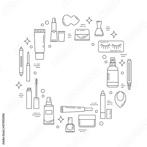 Round frame with beauty products. Makeup and online shopping concept. Vector illustration can be used in articles, banners, flyers, social media related to cosmetics. You can put your text in center.