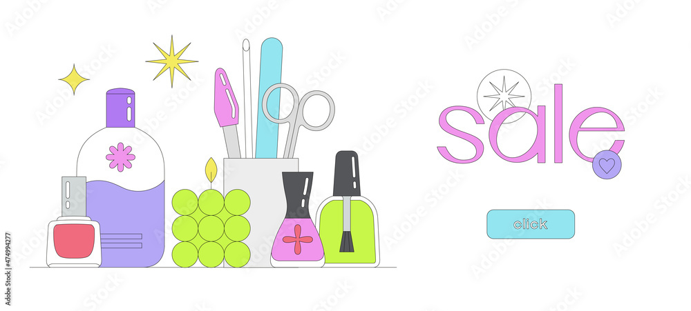 Sale banner template with still life with manicure and pedicure supplies, stars, candle. Online shopping. Manicure salon. Beauty routine and self love. Season sale. Click button. Vector illustration. Sale banner template with still life with manicure and pedicure supplies, stars, candle. Online shopping. Manicure salon. Beauty routine and self love. Season sale. Click button. Vector illustration.