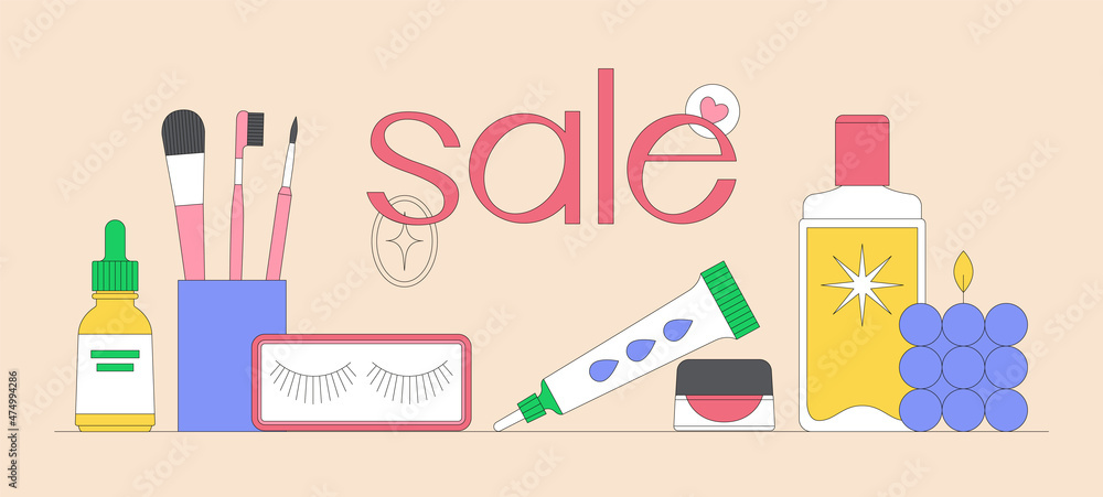 Banner template with still life with beauty products. Makeup and skin care concept. Online shopping. Korean cosmetics. Daily beauty routine. Season sale. Vector illustration.