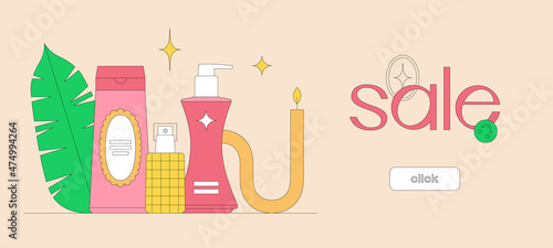 Banner template with click button. Still life with beauty products. Makeup and skin care concept. Online shopping. Korean cosmetics. Daily beauty routine. Season sale. Vector illustration.