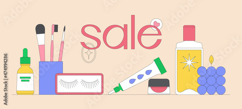 Banner template with still life with beauty products. Makeup and skin care concept. Online shopping. Korean cosmetics. Daily beauty routine. Season sale. Vector illustration.